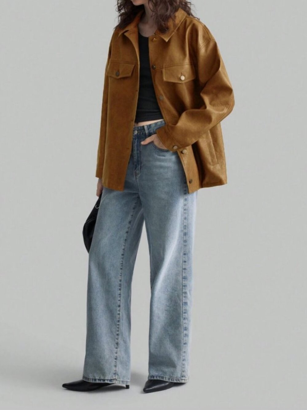 Camel Faux Leather Snap Front Jacket with Flap Pockets - Picture 4 of 9